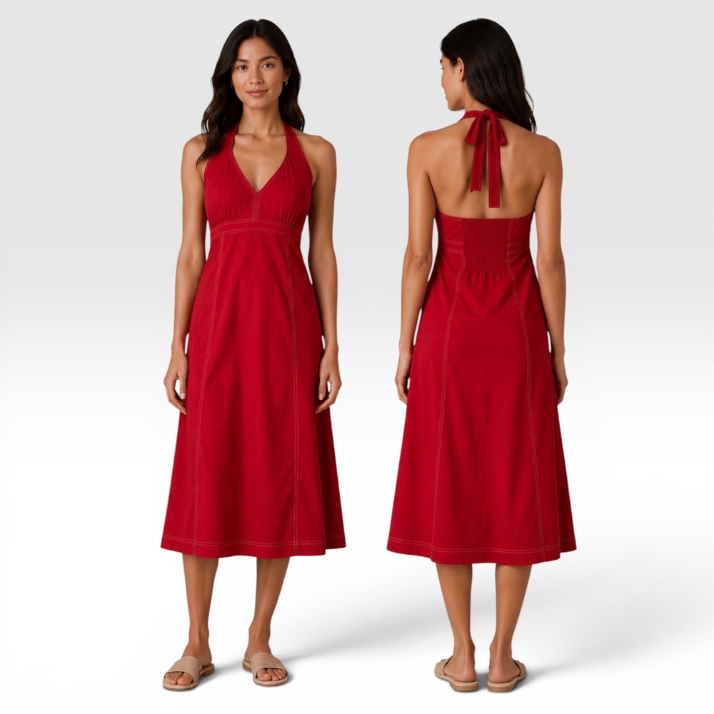 Athleta Red Halter Midi Dress ALine Hidden Zip Pocket Smocked Back Shelf Bra 12T